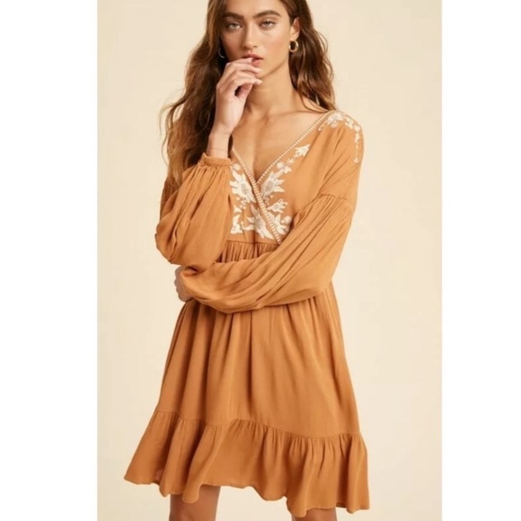 Earthen Embroidered Floral Ruffle Wrap Mini Dress - Picture 3 of 9